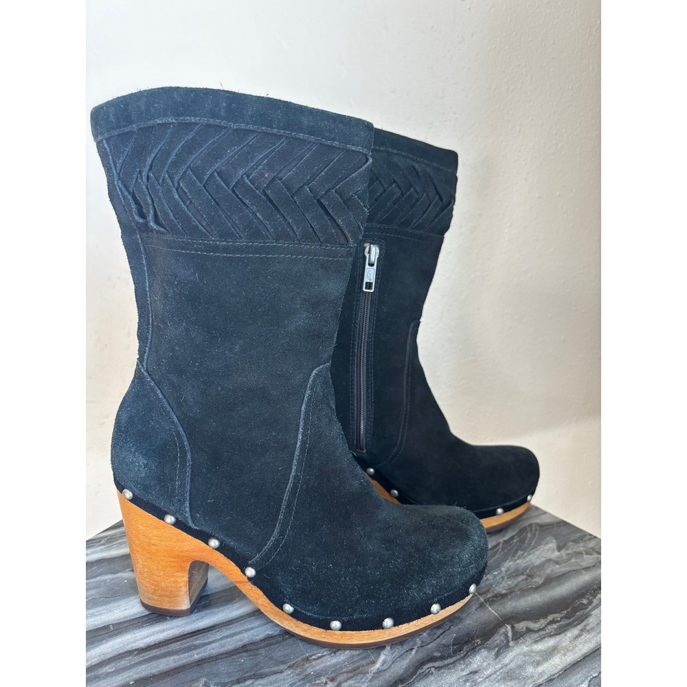 UGG Australia Black Suede Woven Clog Boots Wooden Block Heel‎ Studded 7 Annaliza